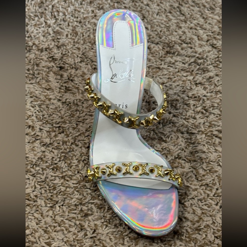 Christian Louboutin Iridescent Holographic Gold-Stud Heel Sandal